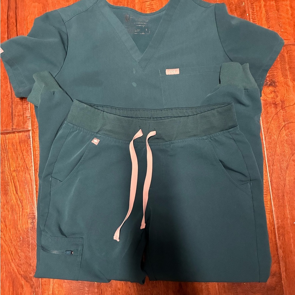 Teal Scrub Set with Pink Drawstrings